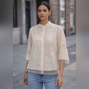 3/$40 JinZilai | Elegant Cream Embroidered Blouse | Size L